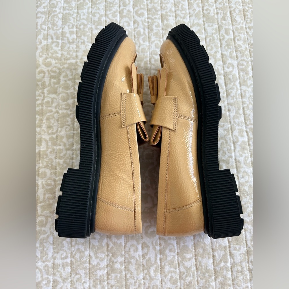 Franco Sarto Tassel Jack Lug Loafer | Beige Tan Vegan Patent Leather | Size 7.5 - Picture 7 of 13